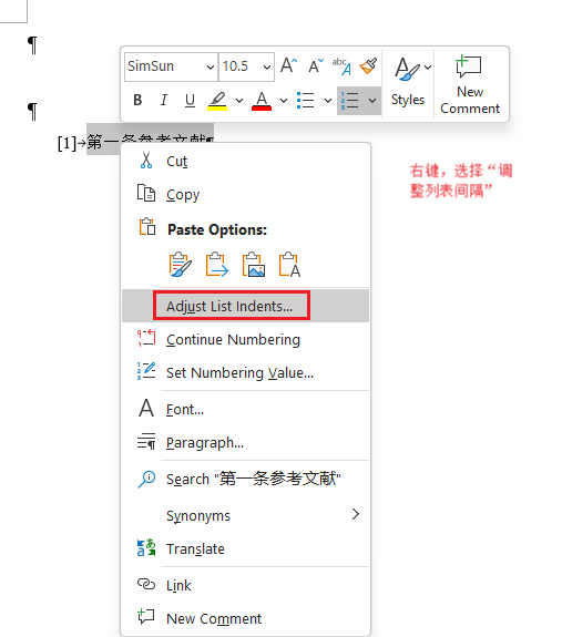 Set reference number list indent entry point