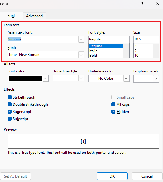 Set reference number list font