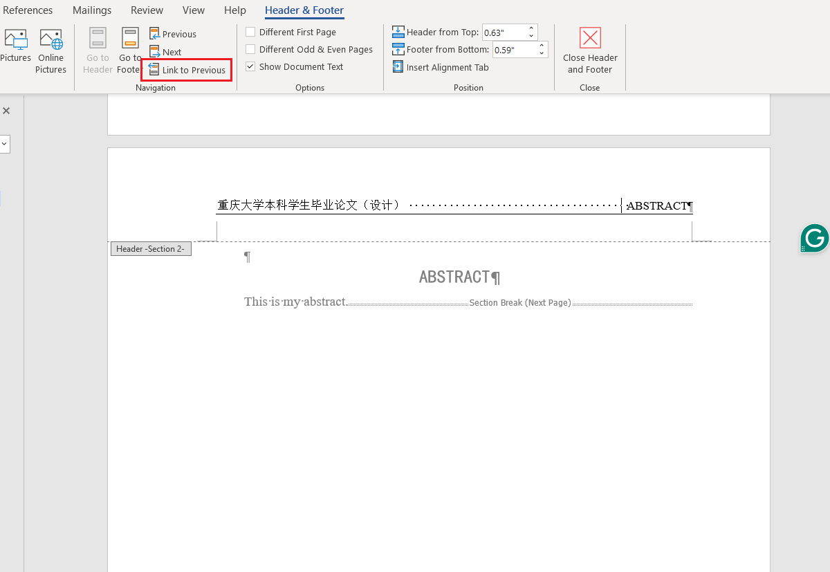 Set the page header of the second section
